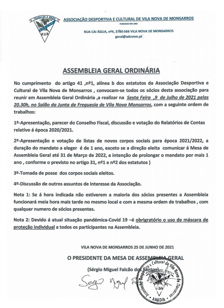 Assembleia Geral Ordinária - 9 de julho de 2021 - ADCVNM